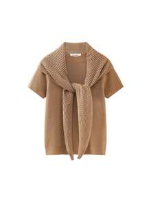 French Vintage Coffee Brown Round Neck Regular Shoulder Slim Fit Flattering Knit Short Sleeve T-Shirt Autumn Skin-Friendly Top Elegant Travel Casual Vacation - Khaki - View 1