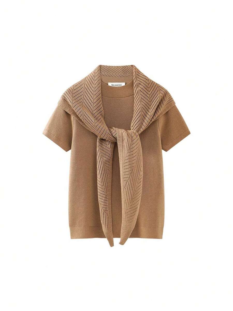 French Vintage Coffee Brown Round Neck Regular Shoulder Slim Fit Flattering Knit Short Sleeve T-Shirt Autumn Skin-Friendly Top Elegant Travel Casual Vacation - Khaki - View 1