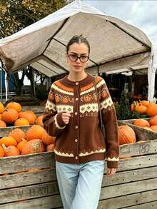 Autumn/Winter Halloween Pumpkin Pattern Knit Cardigan, Loose Fit Slimming Round Neck Button Sweater Jacket For Women - Multicolor - View 2