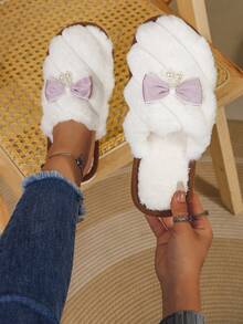 Girl's Pearl Bow Plush Slippers, Slip-On Slide, Soft And Warm Indoor House Shoes For Women, Autumn/Winter - Purple - View 3