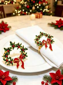 12pcs/8pcs/4pcs Christmas Wreath Napkin Ring Set, Red Bow Decor, Rhinestone Design, Holiday Party Table Decor, Banquet Table Napkin Holder, Christmas Decoration, New Year Decoration - Multicolor - View 15