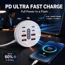 Upgraded 66W Round 8-Port USB Fast Charging Station - 4*Type-C PD + 4*USB-A, Compact Artistic Design, High-Speed Charging, Suitable For Laptops/Tablets/Multiple Devices, A Fast Charger Designed For Multiple Devices, Space-Saving Power Hub - View 10