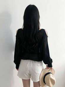 YCYC Korean Style Loose Sheer Shoulder Cutout Long Sleeve Knit Sweater Top With Dropped Shoulders Black Fall - Black - View 4