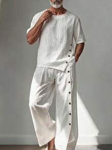GOLDREDY Summer Plus Size Japanese Literary Style Men's Loose Crew Neck Short Sleeve Shirt Asymmetric Button Wide Leg Pants 2-Piece Set Thin Casual Outfit - White - View 4