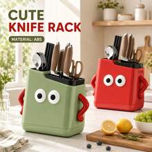 1pc Cute Cartoon Face Knife Holder, Multi‑Slots Knife Organizer With Built‑In Chopstick Holder & Pull‑Out Drip Tray, Space‑Saving Kitchen Countertop Storage Rack - View 10