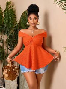 BIUBIU Chic Plus Size Off Shoulder Orange Blouse, Fitted Peplum Top With Twist Detail And Flared Hem, Short Cold Shoulder Sleeves For Women - Orange - View 5