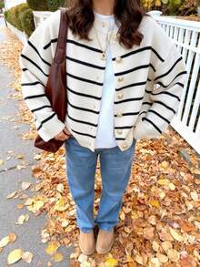 秋冬新款女款極簡優雅性感辣妹森女學院風條紋開襟羊毛衫 - 黑與白 - 查看 2