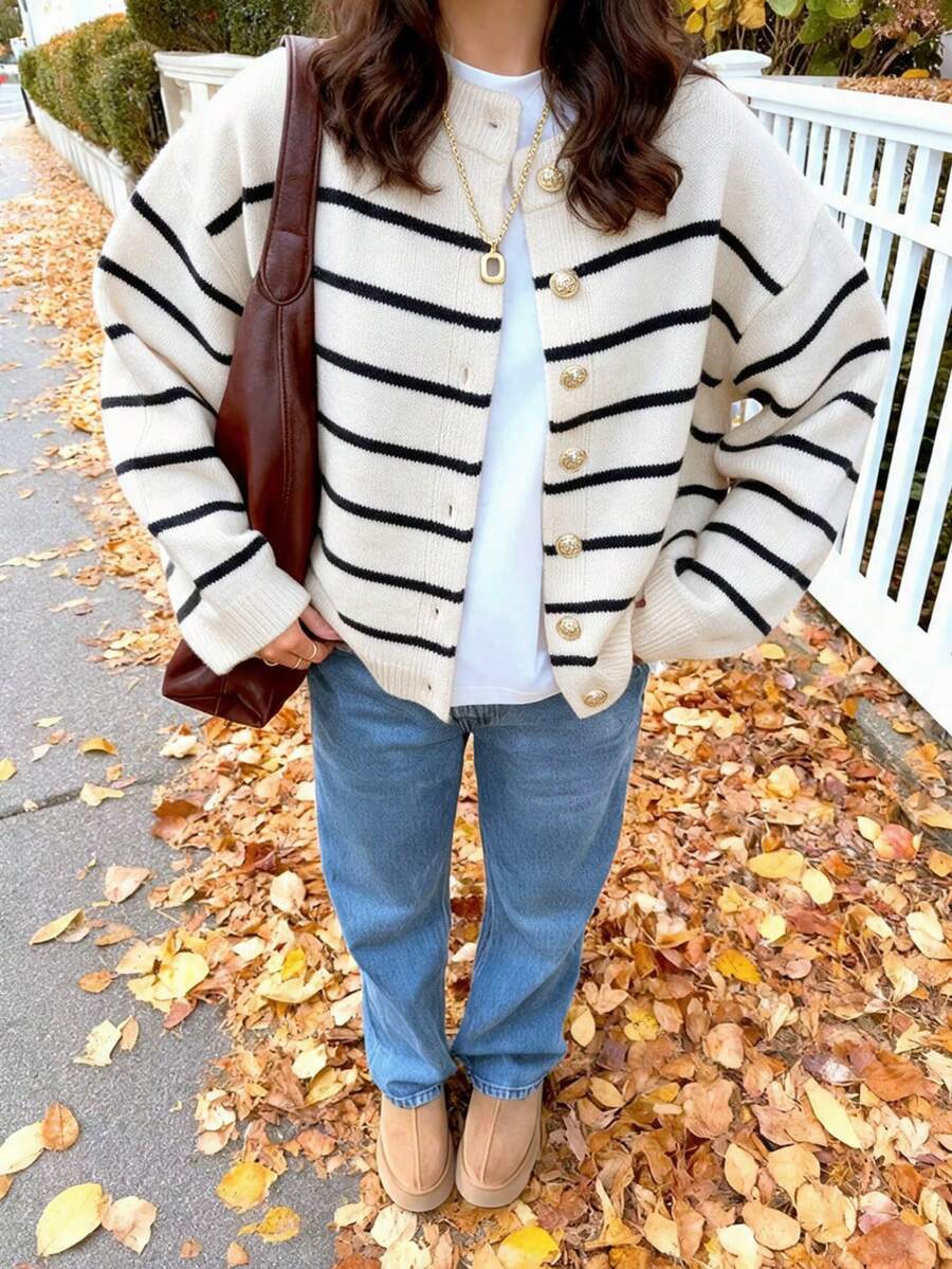 秋冬新款女款極簡優雅性感辣妹森女學院風條紋開襟羊毛衫