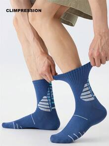CLIMPRESSION Men's Blue Cotton Mid-Calf Socks, Mesh Sports Running Socks, White Striped Print, Arch Support Athletic Socks - Navy Blue - View 1