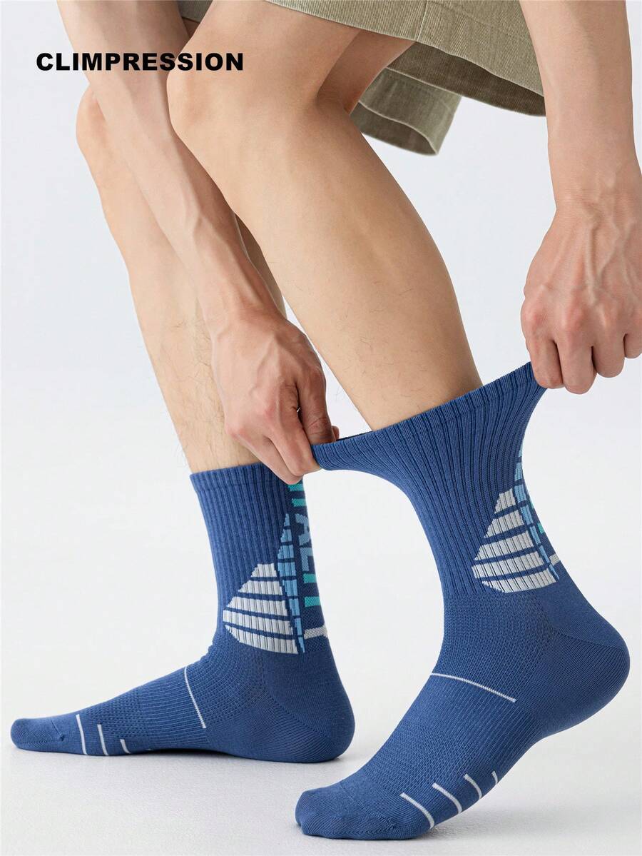 CLIMPRESSION Men's Blue Cotton Mid-Calf Socks, Mesh Sports Running Socks, White Striped Print, Arch Support Athletic Socks - Navy Blue - View 1