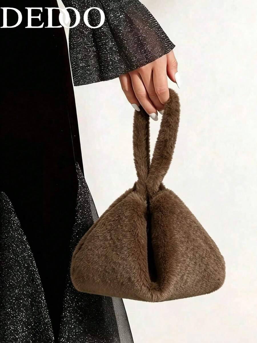 Dedoo 女款三角毛絨晚宴手拿包，純色極簡圖案，拉鍊開合，舒適優雅風格，冬季派對宴會女用手提包