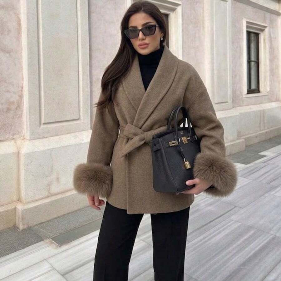 OFTBUY Solid Color Wool & Faux Fur Patchwork Belted Loose Fit Woolen Jacket, Casual For Daily, Airport, Holiday, Travel In Autumn/Winter