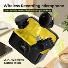 HITOZON Wireless Lavalier Microphone, Plug & Play Lapel Clip Mic With LED Display & Portable Charging Case, Noise Reduction, For Smartphone, Computer, Camera, Live Streaming, Vlogging, Podcasting, Content Creation - Black/Yellow - View 2