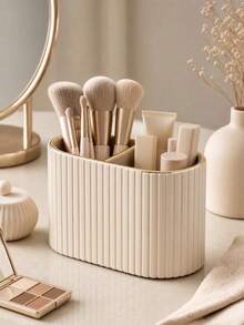 1PC Makeup Brush Holder/PU Leather Cosmetic Display Box/Retro Striped Makeup Brush Rack - Suitable For Vanity Decoration, Bathroom Countertop, Desk Storage Cosmetic Display Box (Cream) , Makeup Room Decor,Makeup Bag,Travel Essential - Multicolor - View 5
