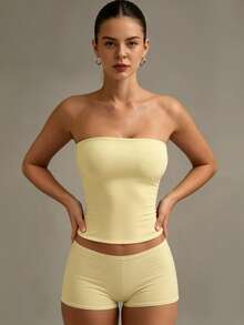 XLLAIS Sexy Strapless Basic Camisole, Fashionable Solid Color Elastic Fitted Tube Top, Suitable For Women All Seasons Casual Summer Yellow, Y2K Aesthetic - Yellow - View 1