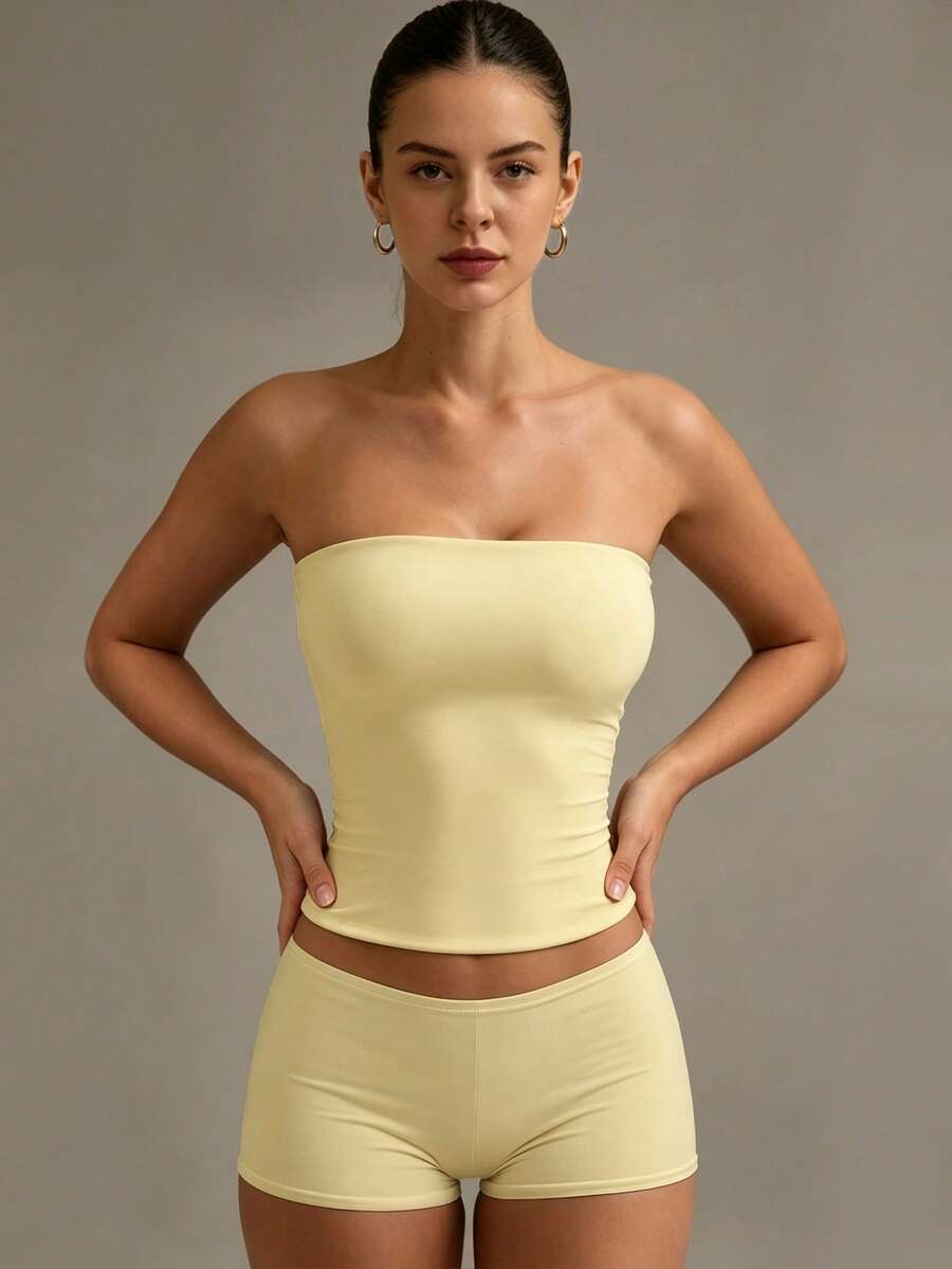 XLLAIS Sexy Strapless Basic Camisole, Fashionable Solid Color Elastic Fitted Tube Top, Suitable For Women All Seasons Casual Summer Yellow, Y2K Aesthetic - Yellow - View 1