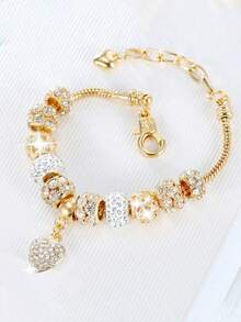 1pc Crystal Heart Charm Bracelet - Gold Plated Snake Chain With Rhinestone Beads, Adjustable DIY Jewelry For Women - Multicolor - View 3