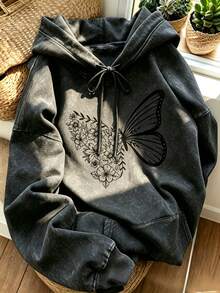 Vintage Washed Floral Butterfly Print Drawstring Drop Shoulder Sweatshirt - Black - View 1