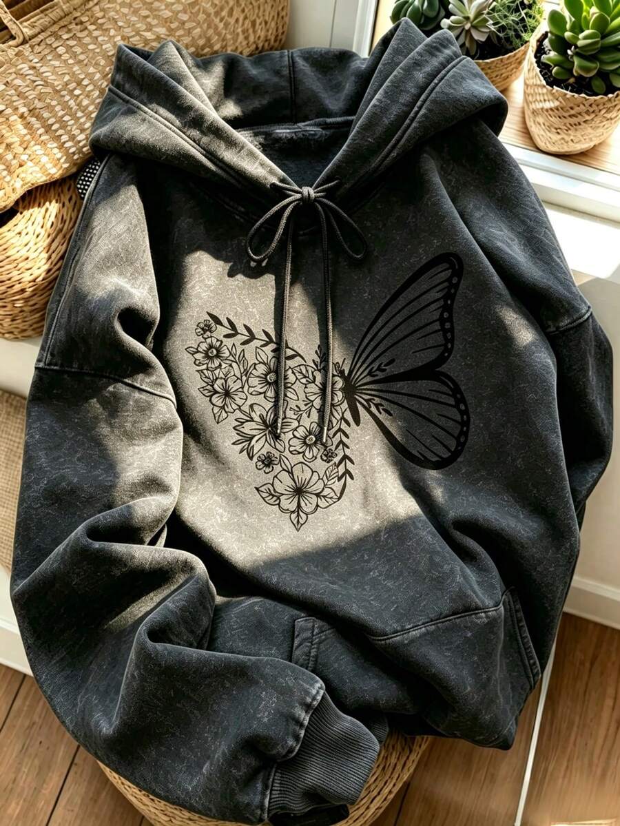 Vintage Washed Floral Butterfly Print Drawstring Drop Shoulder Sweatshirt - Black - View 1