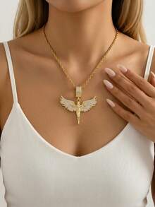 1pc Artificial Zirconia Angel Shape Pendant Stainless Steel Twisted Chain Necklace Women's Hip Hop Punk Angel Wings Pendant Necklace Fashion Vintage Jewelry Suitable For Daily Wear Or Party Valentine's Day Gift - Yellow Gold - View 6