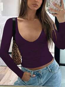 Fashionable Sexy V-Neck Tight Fit Long Sleeve Base Layer Top, Spring/Summer New Arrival Casual - Lilac Purple - View 2