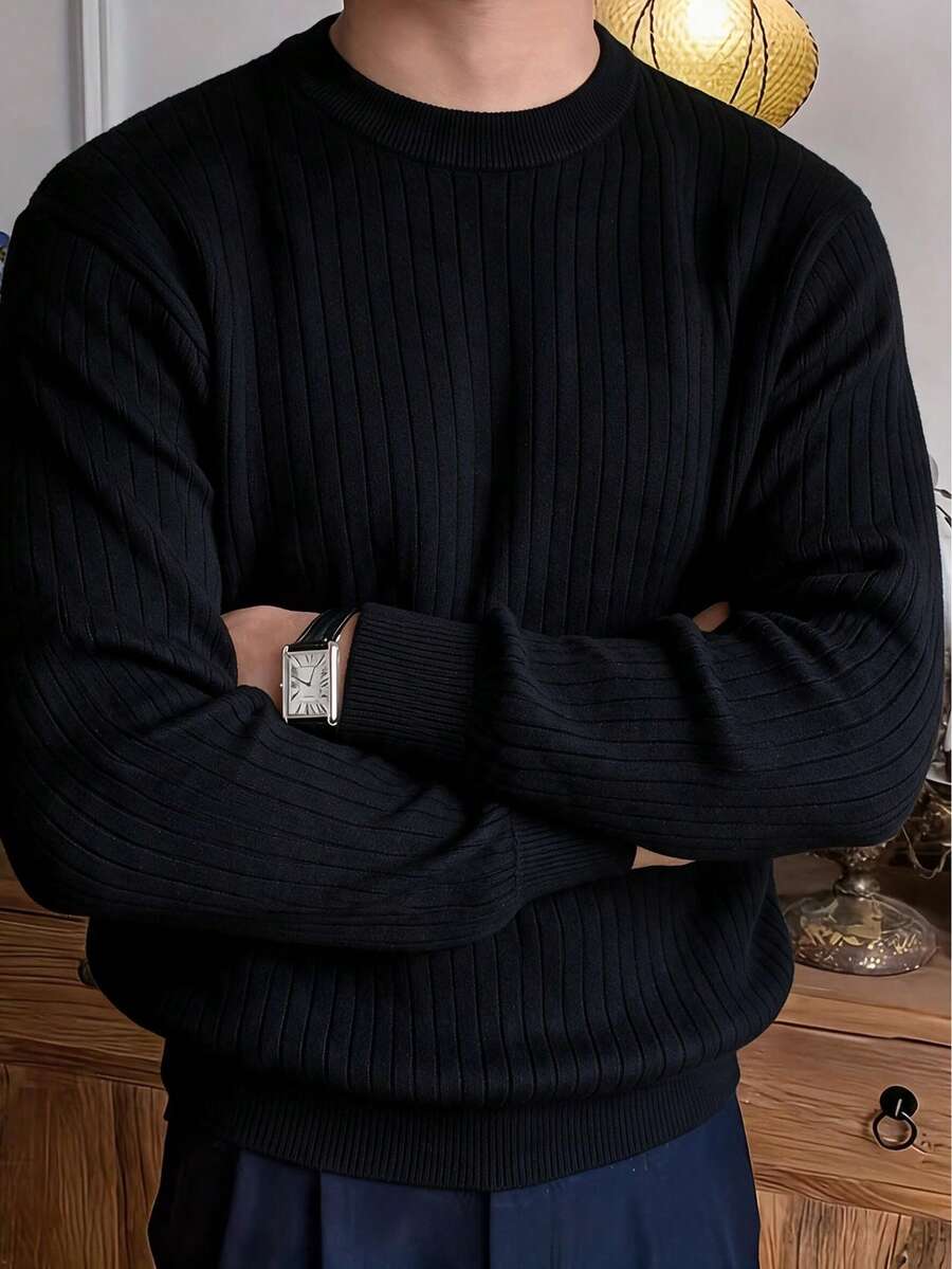Men's Mercerized Ribbed Slim Fit Regular Shoulder Crew Neck Long Sleeve Sweater - Black - View 1