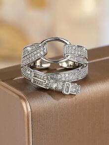 1pc Fashionable Copper Inlaid Zirconia Belt Buckle Ring Women's Jewelry Gift - Silver - View 3