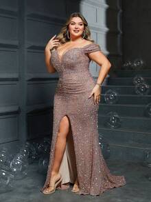 Women's Plus Size Glamorous Rose Gold Sequin Off Shoulder Floor-Length Slit Pleated Design Party Evening Dress - Rose Gold - View 5