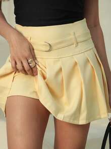 Shorts Saia Plissado Alfaiataria Com Cinto Ziper Lateral Casual Versatil Festa Rodeio São João - Amarelo - Visão 5