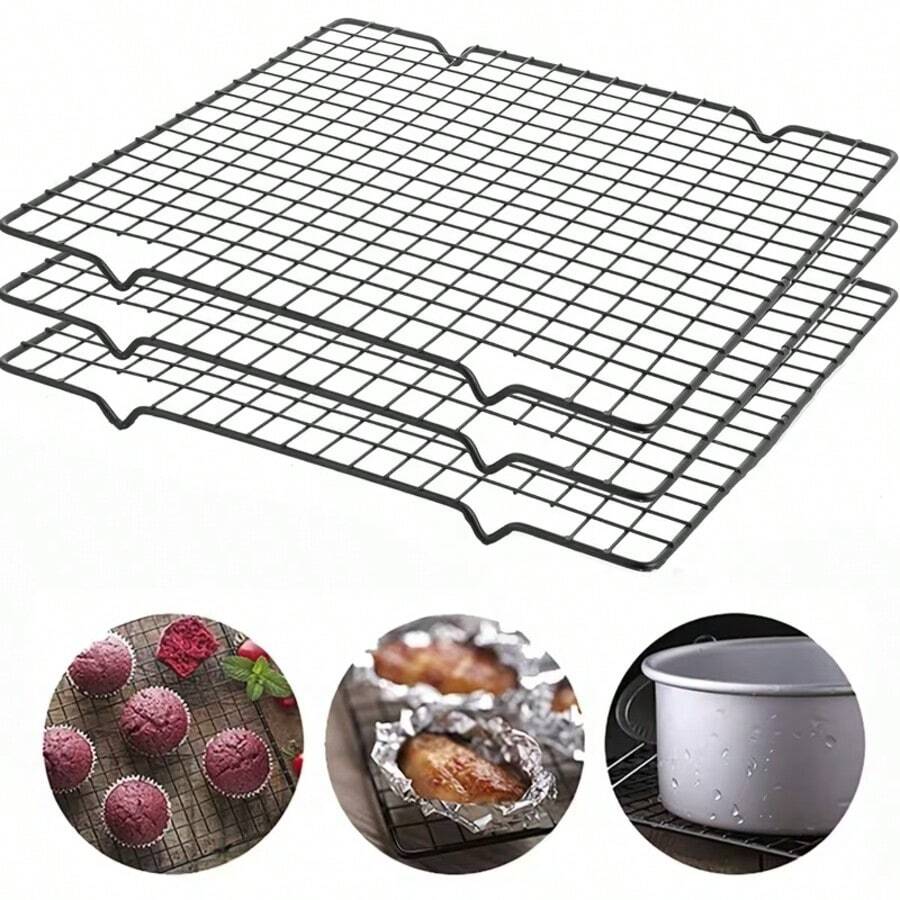 Black Non-Stick Cooling Rack, Small And Large Square Cake Cooling Rack, Baking Tool Bread Cooling Rack, Heat-Resistant, Baking, Oven, Perfect For Baking Cakes, Bread, Grilling, Steak, Turkey, Lamb Chops, Etc., Kitchen Accessory Rack, Halloween, Christmas, New Year Holiday Supplies - Black - View 1