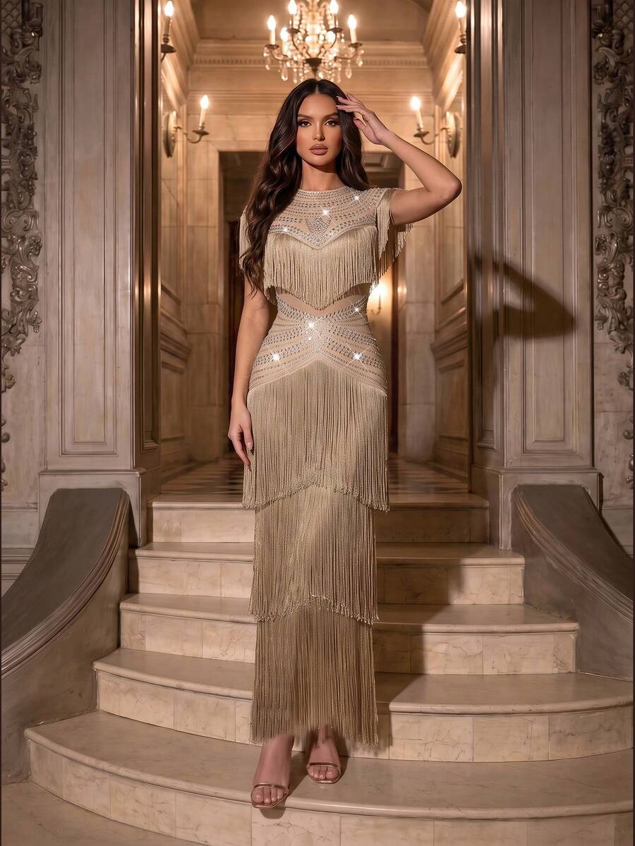Modphy New Women's Sexy Rhinestone Tassel Dress, Elegant High Elasticity Knit Fitted Long Bandage Dress, Suitable For Wedding, Formal Dinner, Party - Apricot - View 1