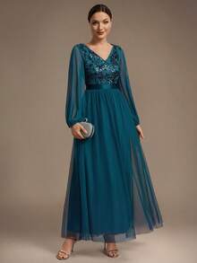EVERPRETTY Elegant Luxury Heavy Beaded Embroidery Mesh Patchwork Long Sleeve Duck Blue Formal Evening Gown Suitable For Party Wedding Guest - Teal Blue - View 3