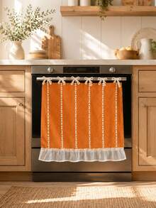 Farmhouse Linen Oven Curtain, Tie Design Stove Decor Cover With White Vertical Chain Pattern & Ruffle Trim, Reusable Kitchen Oven Skirt, Multiple Colors Optional - Multiple Styles - View 12