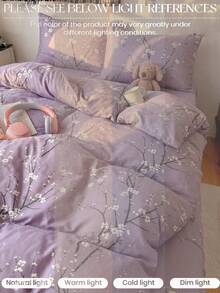 2/3pcs Purple Plum Blossom Pattern Bedding Set, Soft & Breathable, Wrinkle-Resistant, Improves Sleep Quality, Luxury Hotel Style, Gift For Parents & Friends, Double-Sided Dual-Color Quilted Duvet Cover*1, Pillowcase*1/2, Size Options: Extra Large, Large, Standard Double, Single - Purple - View 6