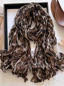 1pc Thick Crinkle Leopard Pattern Polyester Bali Voile Scarf 80*180cm, Faux Linen‑Cotton Feel, Fall Winter Multi‑Use Shawl For Travel Party Outing - Multicolor - View 9