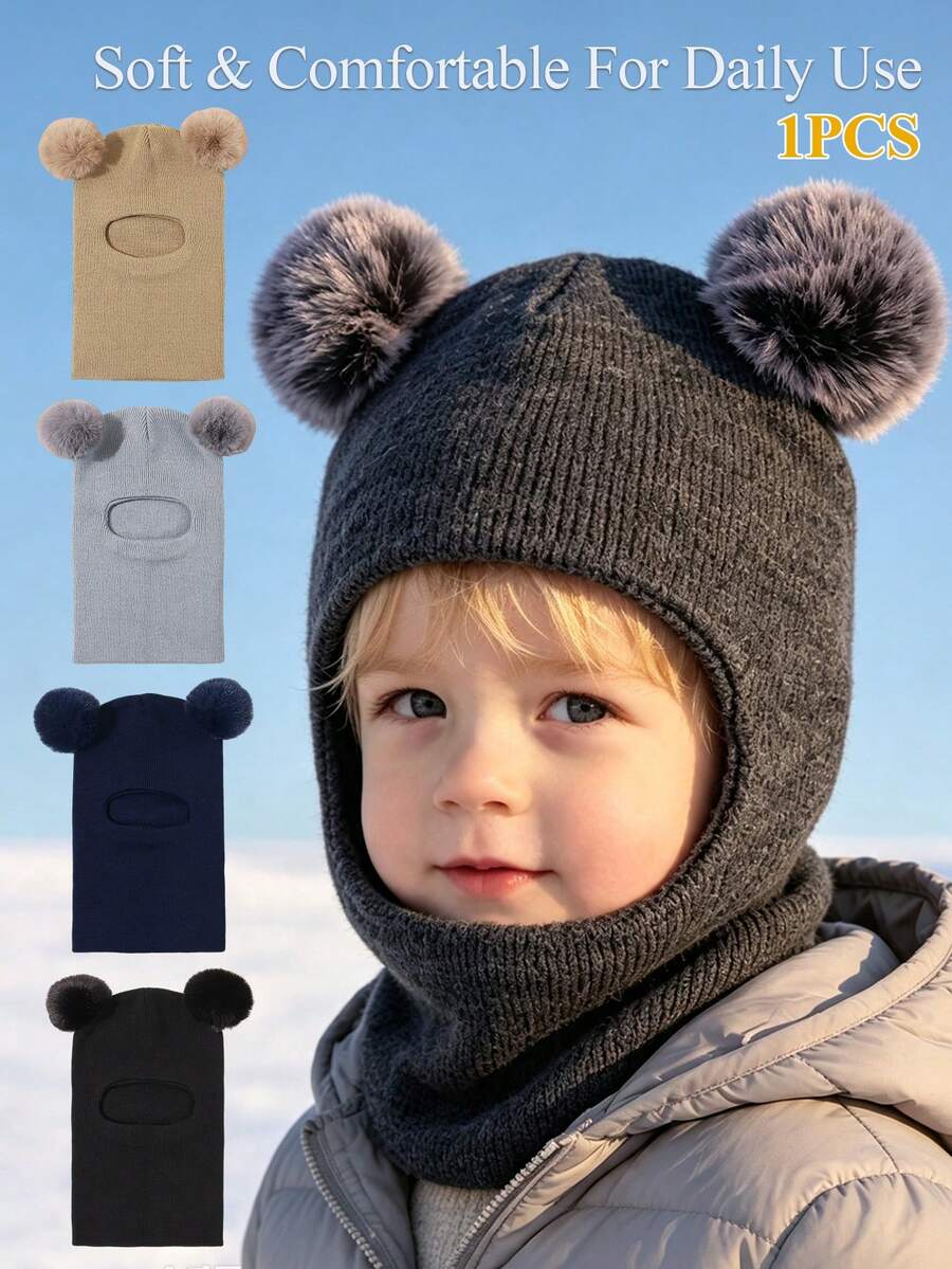 1pc Children 1-8Y Autumn/Winter Solid Color Knitted Double Ball Warm ...