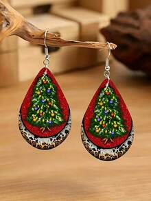 suteyi Pendientes colgantes de gota de lágrima de Navidad con estampado de Papá Noel, muñeco de nieve, árbol de Navidad, leopardo y cuadros, joyería de fiesta navideña, regalo para mujeres - Multicolor - Ver 2