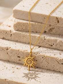 RAYQUEEN 1pc Minimalist 18K Gold Plated Stainless Steel Sunburst Pendant Necklace For Women, Spiral Design - necklace - View 8