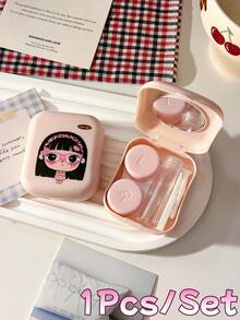 Cute Girl Print Contact Lens Case With Mirror, Portable Lens Storage And Care Set, Compact Design Suitable For Daily Use And Travel - View 10