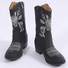 Black Rose Embroidered Kids Boots, Cool & Stylish Vintage Fashion Versatile Lightweight Soft Sole Anti-Slip - Black - View 5