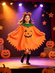 Halloween Pumpkin Cape With Green Leaf Collar And Jagged Hem, Holiday Party Cosplay Costume Shawl - Multicolor - View 2
