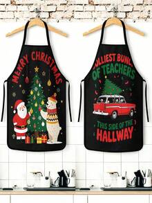 4pcs Christmas Cartoon Character Print Apron Set, Penguin Santa Snowman Elf Pattern Kitchen Cooking Baking Aprons For Holiday Party Home Decoration - Multicolor - View 2