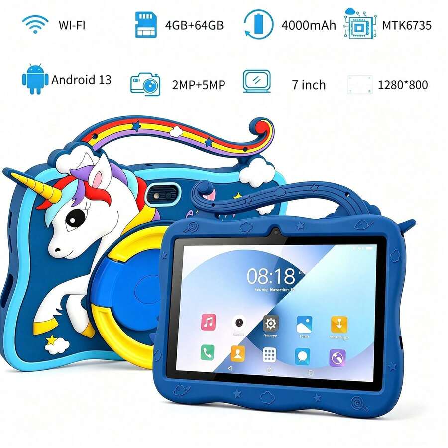 4GB RAM + 64GB ROM / 7-Inch Tablet / Quad-Core 1.3GHz / Android 13 MTK6735 / 1280x800 HD IPS Display / 2MP+5MP Camera / 4000mAh Battery / WiFi, Parental Control, Education, Games / ABS Plastic + Silicone, Educational Tablet