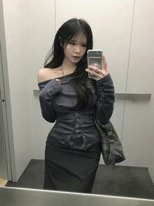 Women's Waist-Cinched Button-Up Long Sleeve T-Shirt, Open Shoulder Off-Shoulder Top, Autumn - Grey - View 5