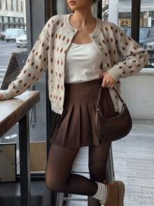 minisummer Kardigan Rajut Jacquard Motif Berlian Warna Beige Elegan untuk Wanita Musim Gugur, Sweater Coat Kerah Bulat Kancing Depan Lengan Panjang dengan Saku - Unta - View 9