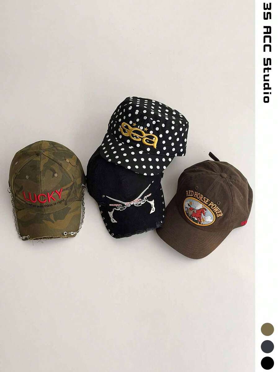 美式復古刺繡字母迷彩做舊棒球帽 女款小眾鏈條街頭風棒球帽 男款雙槍骨頭刺繡鉚釘做舊水洗黑色丹寧彎帽簷鴨舌帽
