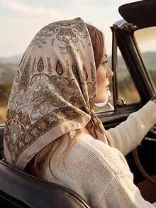 1pc Original Design Women's Elegant Paisley Print Square Scarf, Suitable For All Seasons, Can Be Used As Scarf, Headscarf, Hair Accessory And Fashion Accessory - Light Khaki - View 3