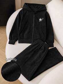 Lurzo Girls' Autumn/Winter Ribbed Corduroy Hooded Zip-Up Jacket + Casual Pants Set, Pocket Design, Soft Fabric, Outdoor/Back To School/Weekend/Sports - Black - View 7