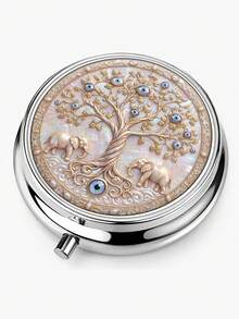 1pc Elephant & Blue Eye Tree Of Life Pattern Round Metal Pill Box, 3-Compartment Portable Storage Box, Pill Vitamin Small Accessory Organizer, Pocket Size, Home Outdoor Travel Carry, Durable, Compact Elegant Creative Gift - Multicolor - View 9