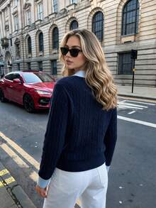 Women's Preppy Navy Cable Knit Pullover Sweater With Light Blue Contrast Collar And Cuffs, Long Sleeve V-Neck Top For Fall Outfits,Fall Outfits - Royal Blue - View 2